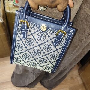 Tory Burch Navy and Cream Mini Tote with Logo Jacquard